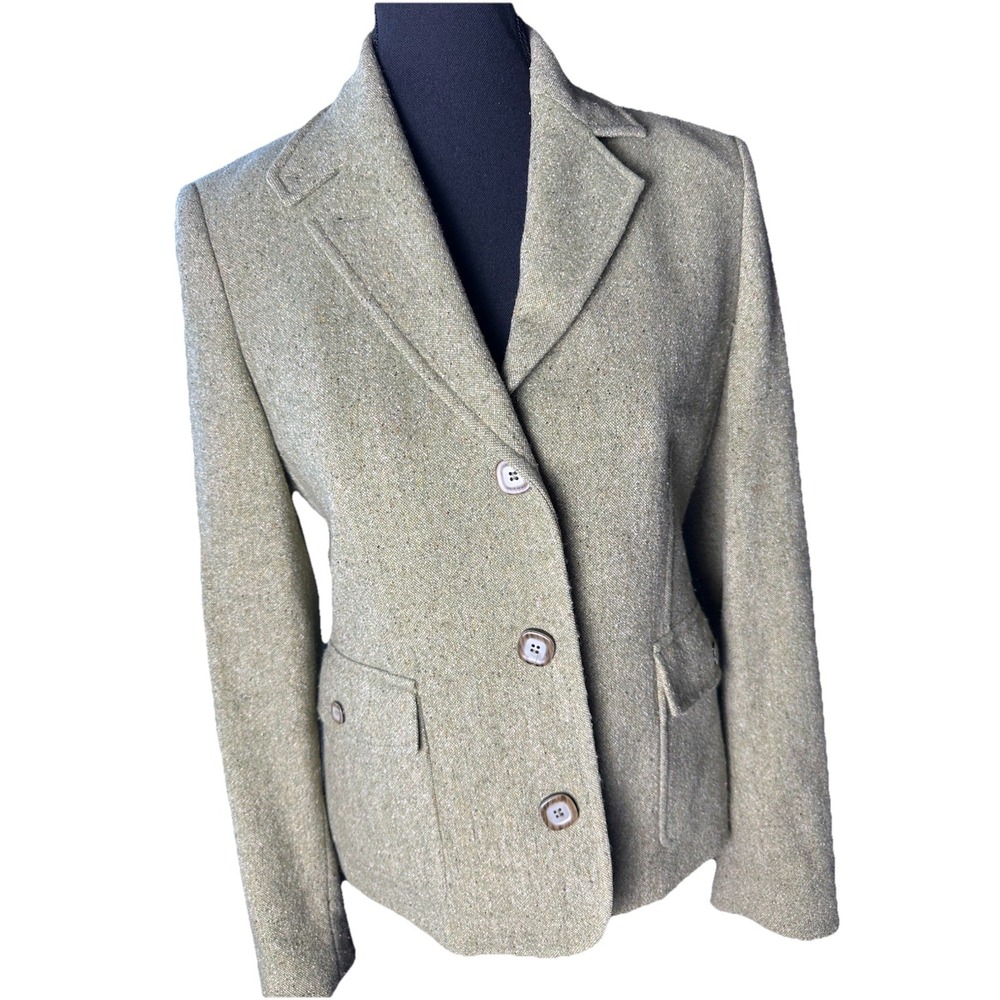 L.L. Bean Flecked Tweed Blazer Women's Size XSP Wool‎ Green Lined Long Sleeves